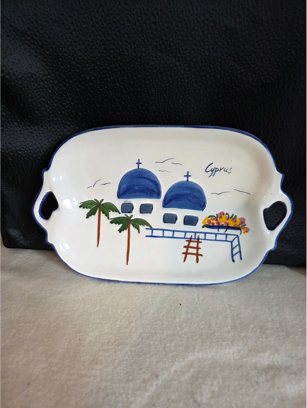 Emira Cyprus Handmade Ceramic Serving Tray Blue Dome Village 10.25"